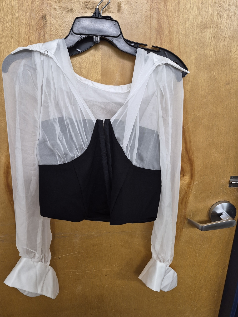 Guess White Sheer Puff Sleeve Blouse with Black Bustier